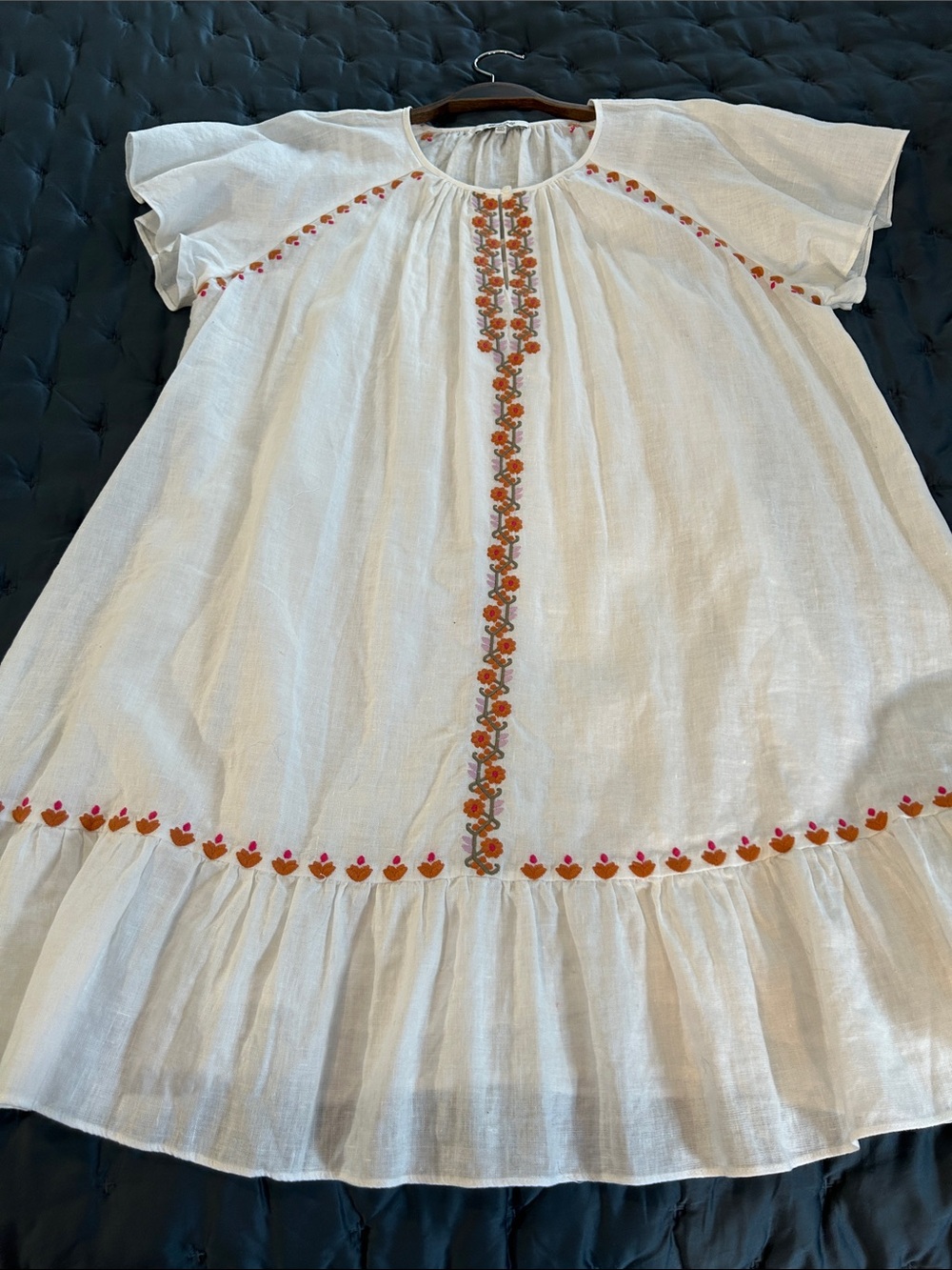 Madewell White Boho Embroidered Linen dress with Orange and Pink Floral Trim NEW